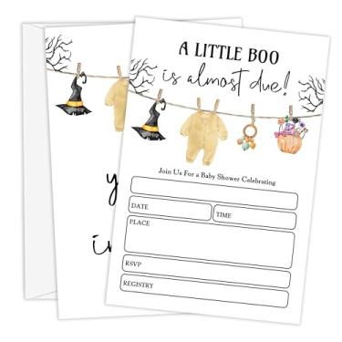 Imagem de Beshoul Convites de chá de bebê de Halloween, 10 cm x 15 cm Little Boo is Almost Due Convites para chá de bebê com envelopes, suprimentos de decoração de festa revelação de gênero assustador - B05