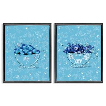 Imagem de Stupell Industries Conjunto de 2 peças Blue Fruits Teacups preto emoldurado por Susan Lugar, 21 x 17