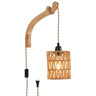 Imagem de CAFULAM Arandelas de parede conectadas, plugue de lâmpada de parede de vime para casa de fazenda, luz de parede de vime tecida à mão, iluminação de parede rústica boho para sala de estar quarto