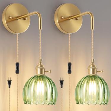 Imagem de EIDEARAY Arandela de parede plug-in (conjunto de 2), lâmpada decorativa de parede vintage com sombra de vidro verde, arandela de parede embutida para quarto, sala de estar, banheiro, corredor