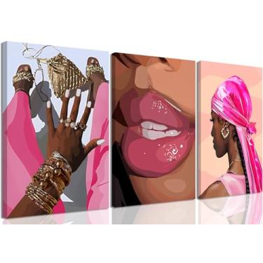 Imagem de Conjunto de 3 peças de arte de parede em tela para meninas negras rosa afro-americanas, decoração de parede, moda, abstrato, preto, mulheres, estéticas, impressões, para sala de estar, quarto
