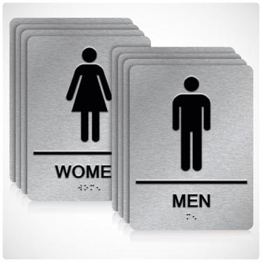 Imagem de Placa de banheiro ADA Braille masculina e feminina para negócios com fita dupla face 3M forte (pacote com 4) - Placa de banheiro de alumínio 15 cm x 20 cm para escritórios e restaurantes