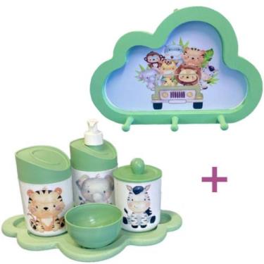 Imagem de Kit Higiene Bebê Safari Elefante, zebra e tigre + Cabideiro Infantil N