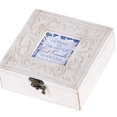 Imagem de Cottage Garden Caixa de joias com foto musical toca melodia Wonderful World 15 x 15 cm MDF e vidro envelhecido branco mãe e filha