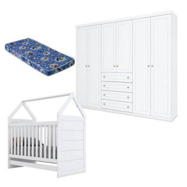 Imagem de Berço Montessoriano e Guarda Roupa Infantil Mississipi 6 Portas Branco