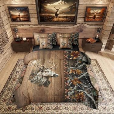 Imagem de Erosebridal Conjunto de lençóis de alce, 7 peças, cama em uma bolsa, tamanho king, casa de fazenda, rústica, caça, para crianças, meninos, meninas, floresta, animal, folhas, árvore, estampa de cabana