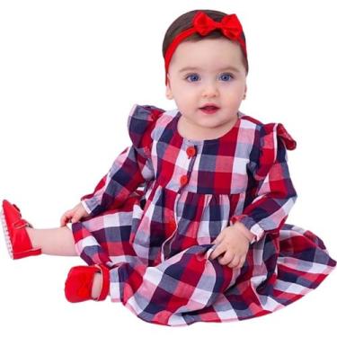 Imagem de Vestido de Bebê Menina Manga Longa Xadrez Vermelho com Tiara 100% Algo