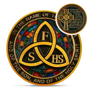 Imagem de Moeda Desafio Cristão Nó Celta Única - Vitral Triquetra Jesus Religioso Chip - God Matthew 28:19 Pocket Bible Verses Token for Study - Inspirational Irish Witches Good Luck Charmed Gifts