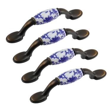 Imagem de Mcredy Puxadores de armário puxadores de gaveta de cerâmica de porcelana azul branca de 7,6 cm com parafusos para ferragens de armário de cômoda de cozinha, 4 pacotes