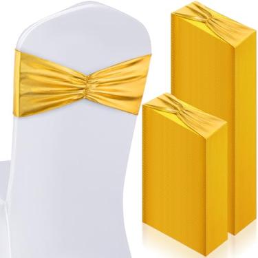 Imagem de Hahafelt 100 faixas de cadeira com laço brilhante de elastano para cadeira, casamento, banquete, festa, recepção, decoração de restaurante, dourada