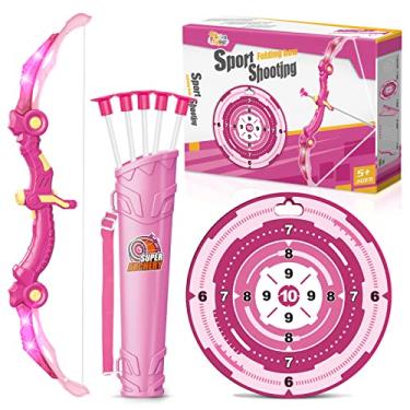 Imagem de SpringFlower Brinquedos de arco e flecha com luzes de LED para meninas 5 6 7 8 9 10 anos de idade, conjunto de tiro com arco e atividades ao ar livre com 10 setas com ventosa, aljava e alvo