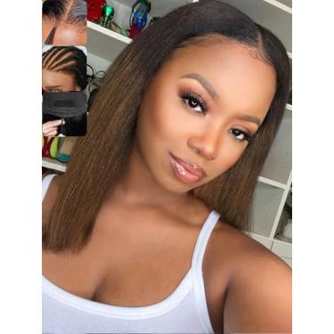 Imagem de KLAIYI Peruca Ombre Brown Yaki Liso Cabelo Humano Sem Cola 33 x 10 Pré-cortado HD Lace Front Wigs Cordão Bye Knots Pré Arrancado Descorado Pré Tudo Use e Go Peruca com Raízes Escuras Castanho 25,5 cm