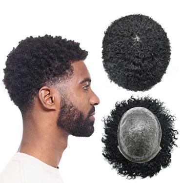 Imagem de Unções de cabelo para homem negro, cabelo humano encaracolado crespo totalmente poli ondulado peruca afro-americana homens negros (6 mm afro onda, 1B # preto natural/preto fora)