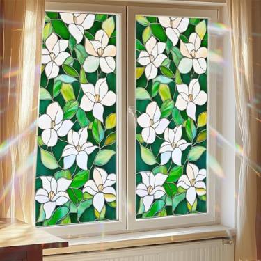 Imagem de HOMETITUTE Película de janela de vitral de folha verde para janela floral branca película de privacidade de vidro decorativo adesivos estáticos de janela arco-íris para sala de casa de banho carro