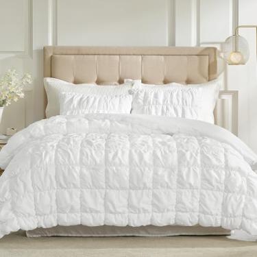 Imagem de Amélie Home Conjunto de cama de casal branco, 2 peças, leve, para todas as estações, conjunto de cama de fazenda com edredom e fronha