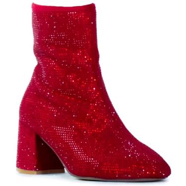 Imagem de RF ROOM OF FASHION Botas femininas de cano curto de salto largo - tamanho grande, Strass vinho (largura larga), 7 Wide