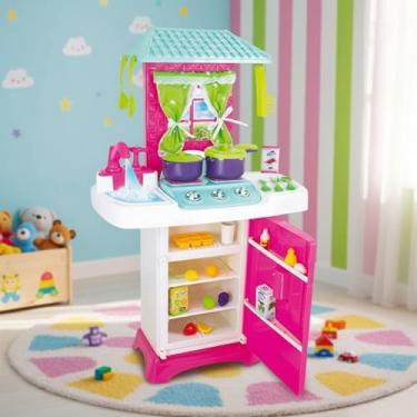 Imagem de Conjunto Cozinha Infantil Completa com Pia, Geladeira, Fogão, Forno e Telhado Brinquedo Educativo com Acessórios casinha Interativa para Crianças Menina 3+ Anos