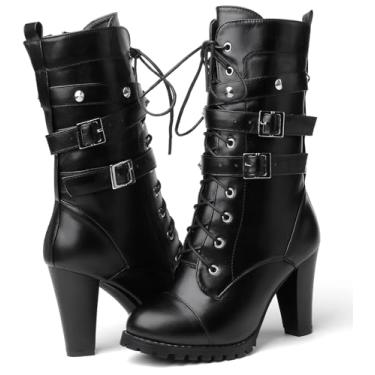 Imagem de Susanny Botas de salto alto para mulheres, salto plataforma feminino sexy bico redondo cadarço salto alto cano médio cano cano baixo, Preto - M, 10