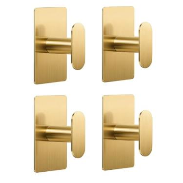 Imagem de Ganchos de toalha adesivos para banheiro: Cabide de parede extra forte de 9 kg para chuveiro, cozinha, trailer, dormitório, apartamento, ouro, pacote com 4
