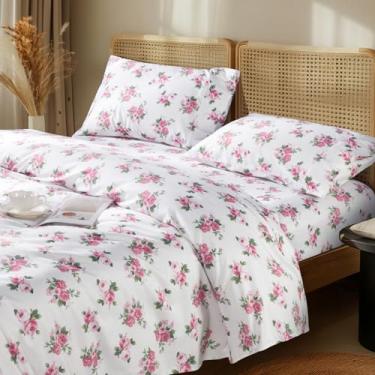 Imagem de LBRO2M Jogo de cama 1000 fios 100% algodão egípcio floral, tamanho Queen, 40,6 cm, bolso profundo, conjuntos de 4 peças (Queen, peônia)