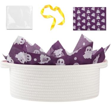 Imagem de OIAHOMY Cesta de presente de Halloween com alça, cesta de tecido pequena com saco de presente, fita e papel de embrulho, caixas de berçário vazias para encher com itens pequenos, organizador de