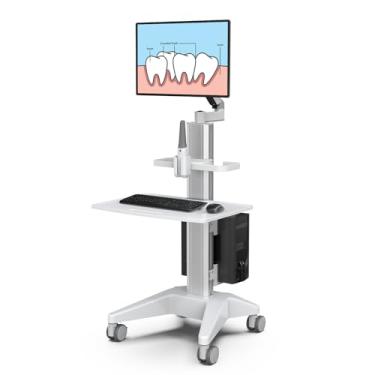 Imagem de BEWISER Suporte de monitor de altura ajustável para carrinho médico, carrinho de paletes grande com suporte de scanner oral, base de alumínio, estação de trabalho móvel para hospitais, laboratórios e
