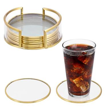Imagem de OGANAZI Conjunto de 8 porta-copos de vidro com suporte, porta-copos de vidro revestido de latão dourado para bebidas, tapetes redondos para decoração de mesa de café para cozinha, sala de estar, bar