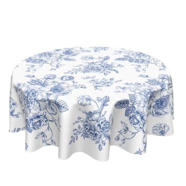 Imagem de Toalha de mesa redonda floral azul branco 152 cm toalha de mesa de flores vintage elegante capa de mesa de poliéster rústica decorativa para cozinha interna ao ar livre festa de jantar