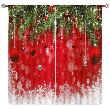 Imagem de Cortinas vermelhas de Natal, Feliz Natal, galhos, bola de abeto, Ano Novo, decoração de festa de fim de ano, cortinas de janela, tratamentos para quarto, cozinha, banheiro, casa, conjunto com 2