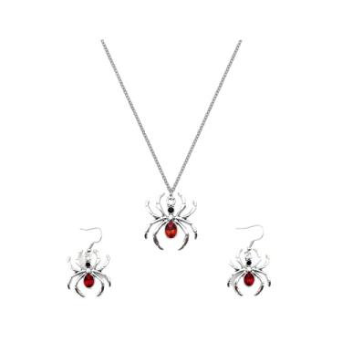 Imagem de KONPJE Colar de Aranha de Halloween para Mulheres Pedra Preciosa Vermelha Embutida Prata Gota de Aranha Pingente Gargantilha Conjunto de Colar Gargantilha Gótica Festa de Halloween Presente de Jóias