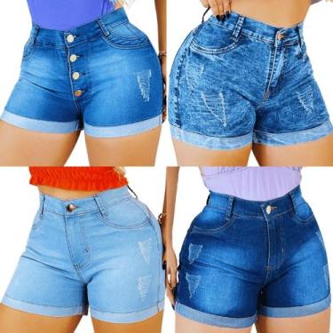 Imagem de Kit 4 Short Feminino Jeans Lycra Barra Dobrada Cintura Alta Moda Blogu