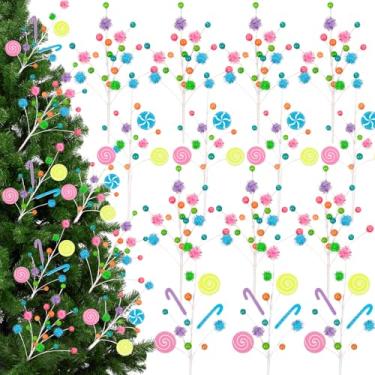 Imagem de 14 peças de decorações de Natal Candyland Macaron Pastel Candy Tree Pick Sprays Ornamentos de Natal colorido topo de árvore enchimento de vaso suprimentos de decoração de festas de fim de ano