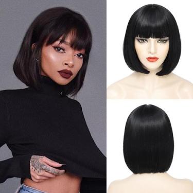 Imagem de Peruca YBYMCAI Black Bob 25 cm com franja de fibra sintética feminina