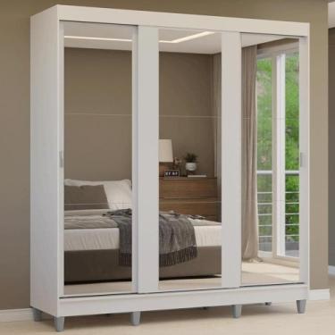 Imagem de Guarda-roupa Casal Com Pés 3 Portas De Correr De Espelho Branco Reno M