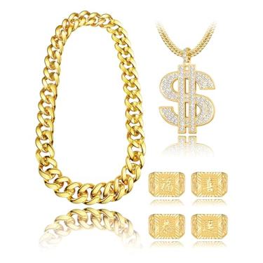 Imagem de FIBO STEEL Conjunto de colares e anéis de corrente banhados a ouro Hip Hop para homens e mulheres, fantasia de rapper grande e grossa com símbolo do dólar Kanji Blessing Lucky Rings 80 e 90