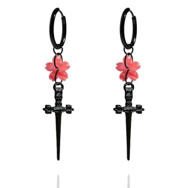 Imagem de DLYFNVEV Brincos góticos com pingente de gota de Halloween para mulheres, espada/adaga, aço inoxidável 316L, hipoalergênico, joia com pingente de flor vermelha, brincos punk de aniversário para