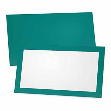 Imagem de Cartões de lugar azul-petróleo - estilo plano ou barraca - pacote com 10 ou 50 - frente branca com borda de cor sólida, nome de mesa, artigos de papelaria, artigos de festa (50, estilo plano)
