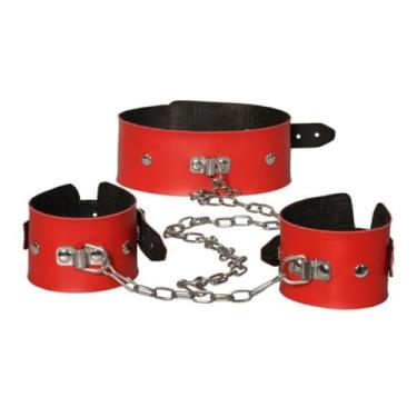Imagem de Kit Coleira E Algema Com Corrente Acessório BDSM Brinquedo Erótico para Noites Ousadas DX500 (VERMELHO)