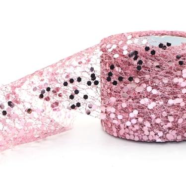 Imagem de Fita de malha brilhante de 10 metros de largura de organza metálica com glitter, lantejoulas decorativas, tecido de tule com borda de arame para embrulho de presente para árvore de Natal (rosa)