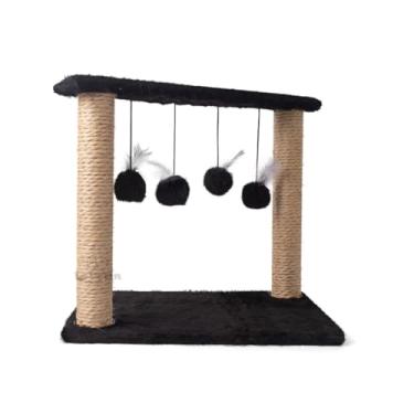 Imagem de Arranhador Gato com Brinquedo Interativo Pet - 4 Pompons, 2 Postes de Sisal e Base Aconchegante (Preto)