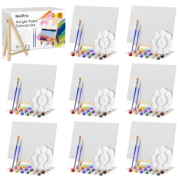 Imagem de Nicpro Pacote com 8 quadros de tela de 20 × 25 cm para pintura, tela de arte com suporte de cavalete para desenho com 16 pincéis e 8 paletas e mini conjunto de tinta acrílica de 8 × 12 cores