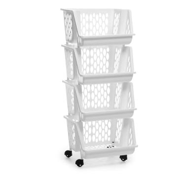 Imagem de Organizador Multiuso Cesto de Plástico c Rodinhas 2, 3 ou 4 andares Empilhável (quadruplo branco)