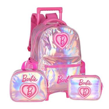 Imagem de Kit Mochila Rodas Barbie Holográfica Lancheira Estojo Box, Pink