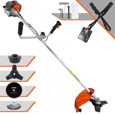 Imagem de Roçadeira Completa Vulcan VR330P Motor 2T 33cc 10.000rpm 1,2HP de Potência Com Guidão Anti-Vibração Carretel e Faca 3 Pontas + Faca 80 Dentes + Escova