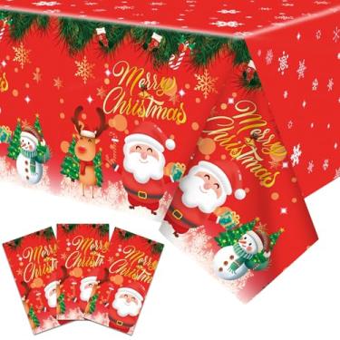 Imagem de 3 peças de toalha de mesa de plástico Merry Christmas, 137 x 272 cm, capas de mesa retangulares descartáveis para festas de inverno, decorações de Natal, toalha de mesa de jantar em família