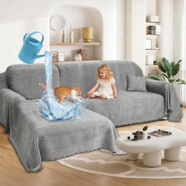 Imagem de ROFASVCO 1OO% capas de sofá seccionais impermeáveis para cães chenille em forma de L conjunto de 2 capas seccionais com borla, protetor de móveis para animais de estimação macio lavável (2GG, cinza ar
