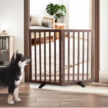 Imagem de ZJSF Portão interno independente para cães para casa, portão dobrável de madeira para filhotes, portão de animais de estimação para escadas, cerca extra larga para animais de estimação, marrom, 81 cm