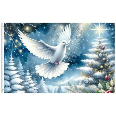 Imagem de ShineSnow Pomba branca voando no céu, árvore de Natal, estrelas, paisagem de inverno, bandeira de 9,5 x 1,5 m, bandeira de poliéster com costura dupla com ilhós de latão, bandeira de 7,6 x 1,5 m para