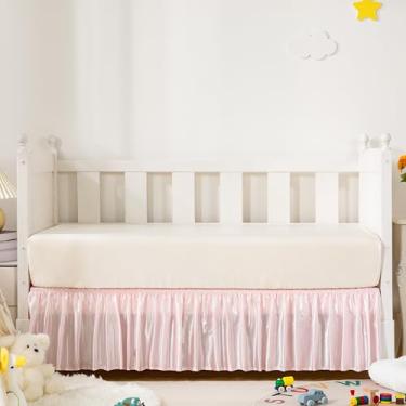 Imagem de Counfeisly Saia para cama de berço de cetim rosa blush, 132 x 71 cm com saia de berço macia e sedosa de 35,5 cm para bebês meninas ou meninos, adequada para berço padrão e roupa de cama infantil