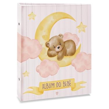 Imagem de Álbum de fotos Ical, encadernação tradicional, para 80 fotos 15x21cm - envelope plástico transparente - linha Bebê - modelo rosa - urso lua - 70